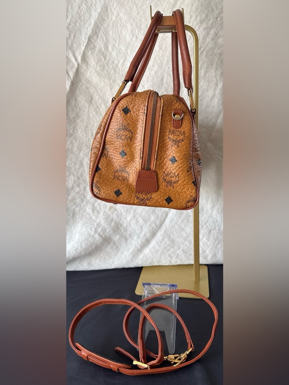 MCM Vintage Cognac Visetos Monogram Boston Bag with Cherry Charm Comes With COA - Picture 4 of 16